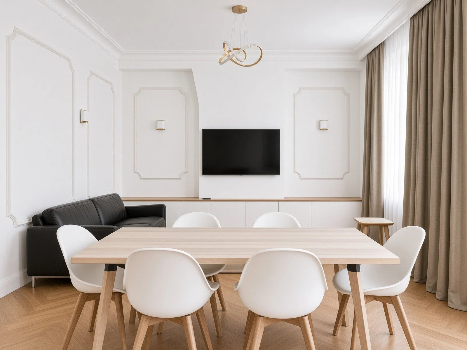 Modern dining room with a wooden table, six white chairs, a black sofa, a wall-mounted TV, and beige curtains.