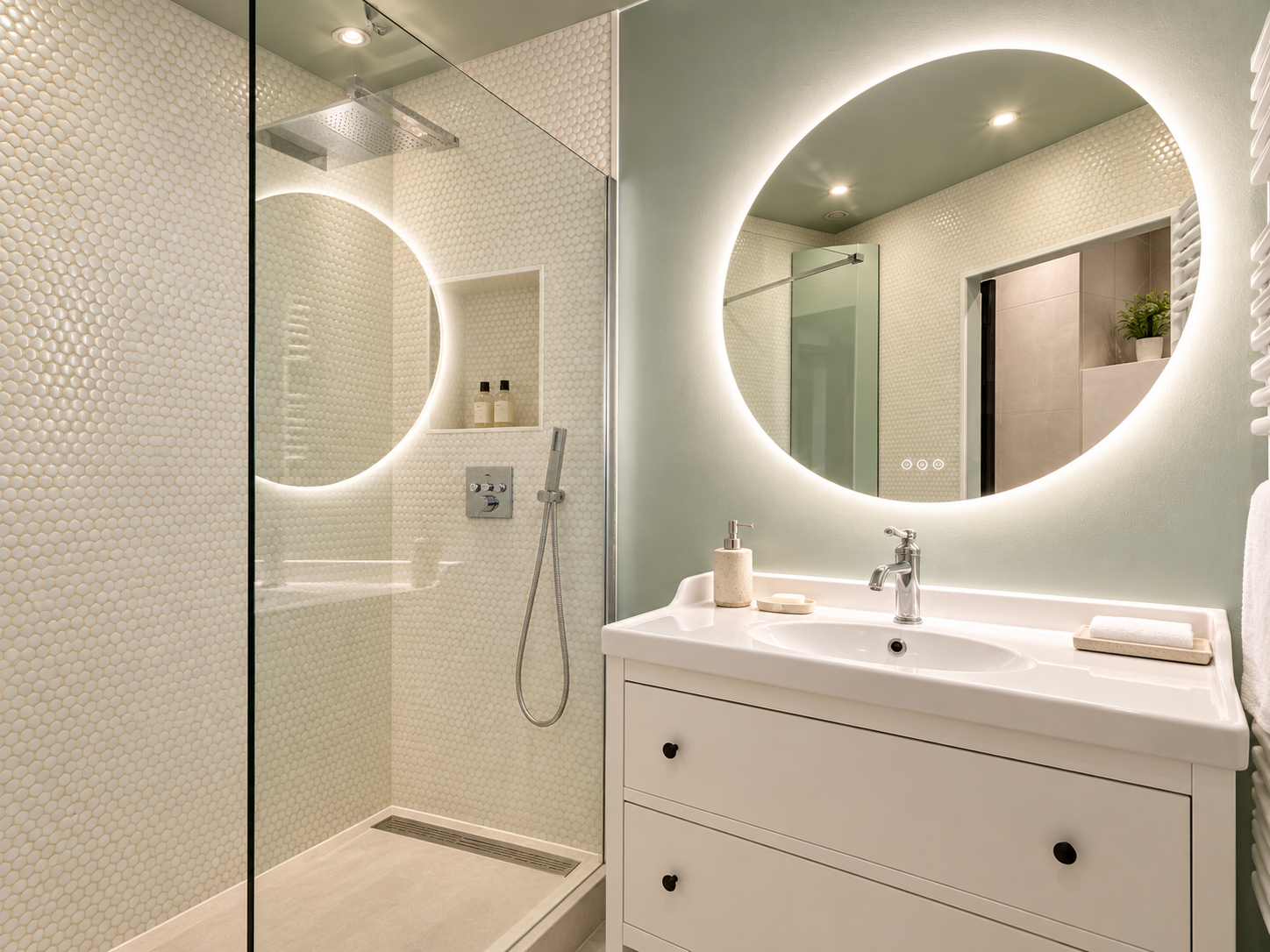 Modern bathroom with a walk-in shower featuring pebble tile walls, a large backlit circular mirror, a white vanity with a sink, and a beige countertop holding soap and a lotion dispenser. There is a potted plant on a shelf reflected in the mirror, and soft ceiling lights.
