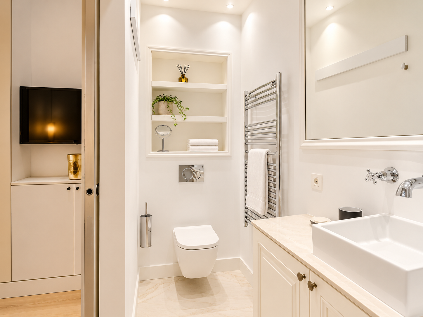 A modern, minimalistic bathroom with a wall-mounted toilet, open shelving with decorative items, a heated towel rail, a small sink with a mirror, and a wall-mounted TV.
