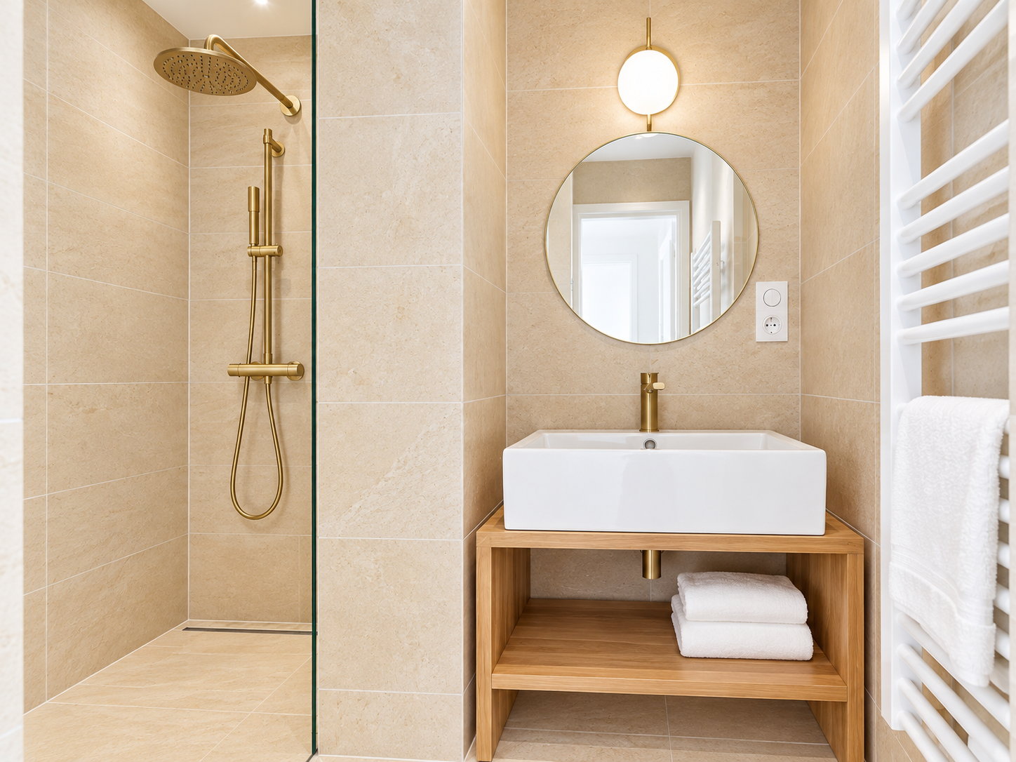 Modern bathroom with beige tiles, a walk-in shower with a gold showerhead, a wooden vanity with a white vessel sink, a round mirror, a wall-mounted light fixture, and a white heated towel rail with towels.