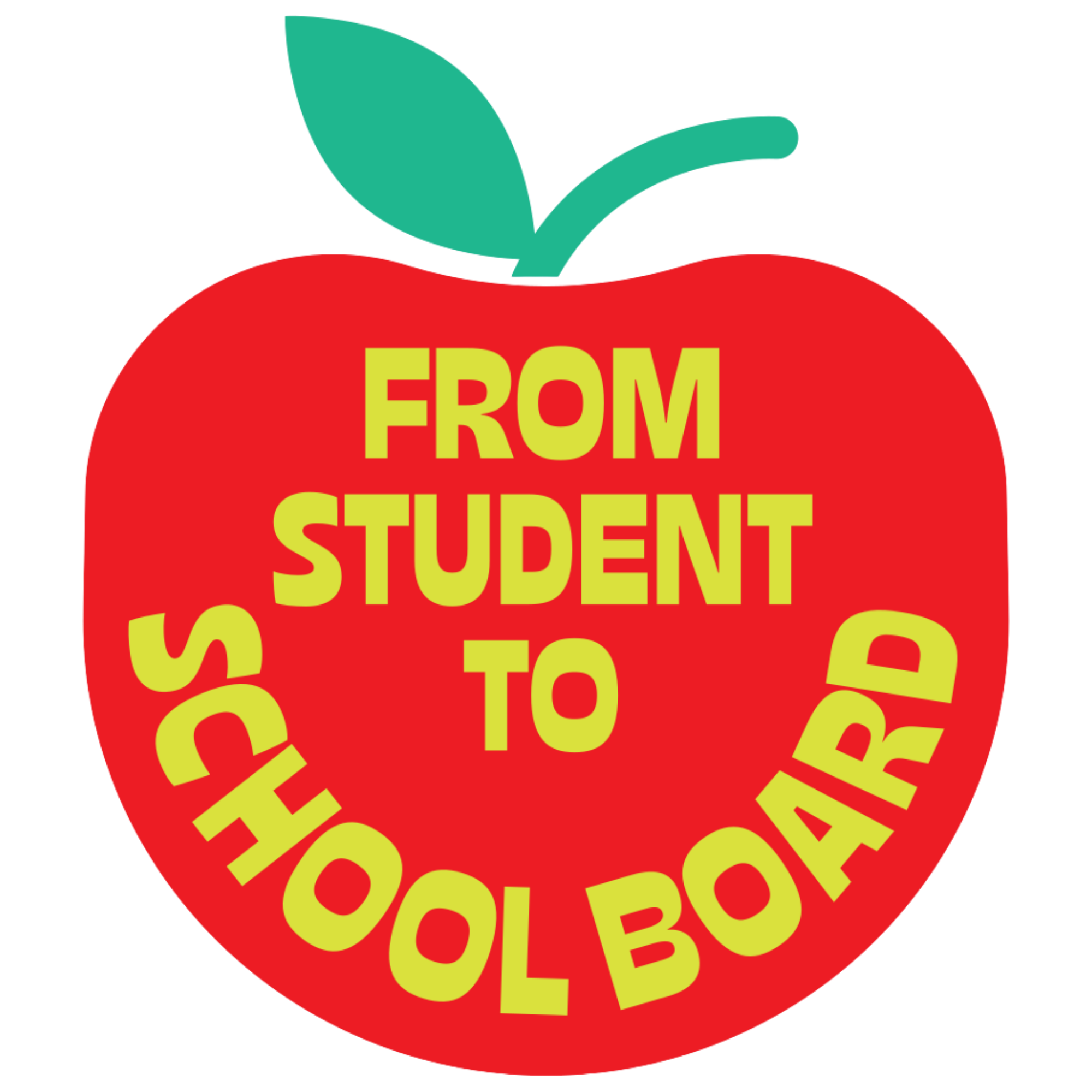 Red apple with yellow text stating 'FROM STUDENT TO' and a teal leaf above the apple.