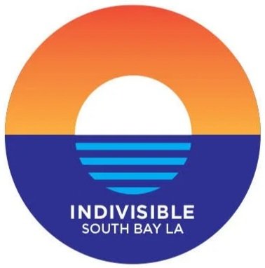 A circular logo with a sunset over water, featuring orange at the top and dark blue at the bottom, with the words 'INDIVISIBLE SOUTH BAY LA' written below.