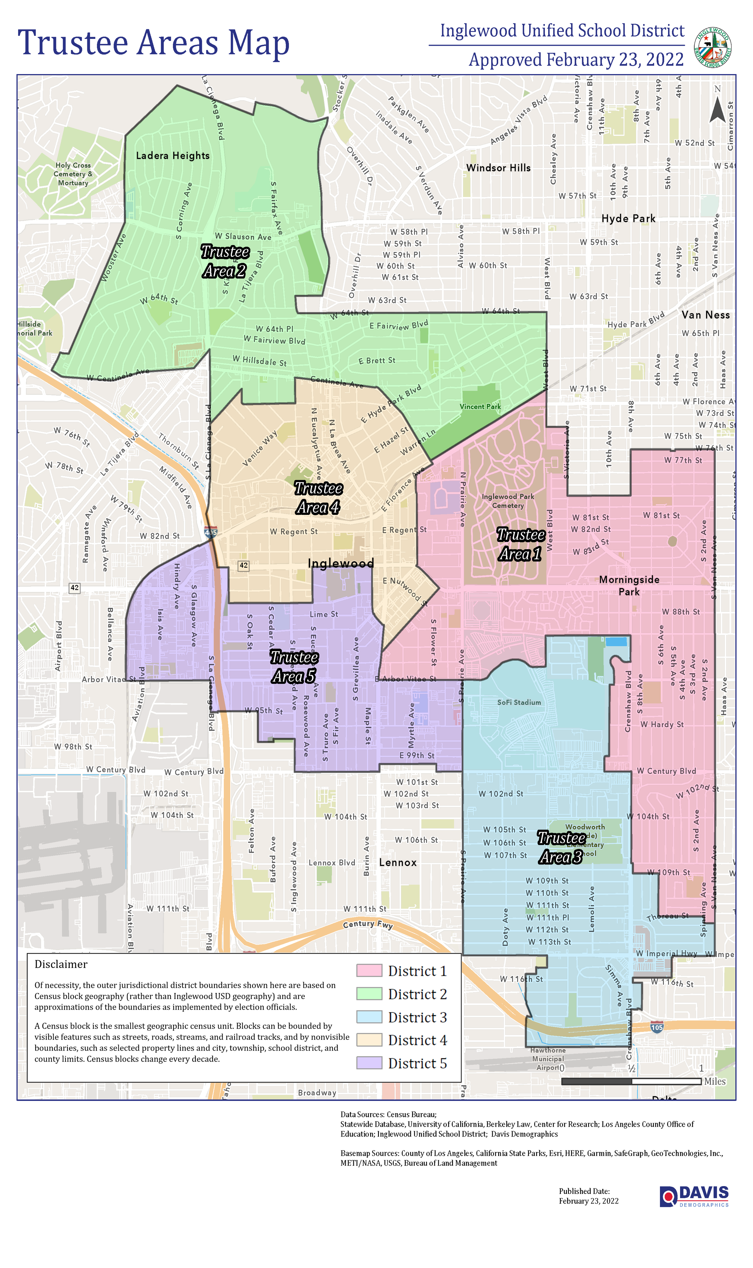 Map of Inglewood Unified School District shown with five trustee areas, each color-coded: pink for District 1, green for District 2, blue for District 3, beige for District 4, and purple for District 5. Key landmarks include Inglewood Park Cemetery, Lennox, Woodworth Park, and SoFi Stadium.