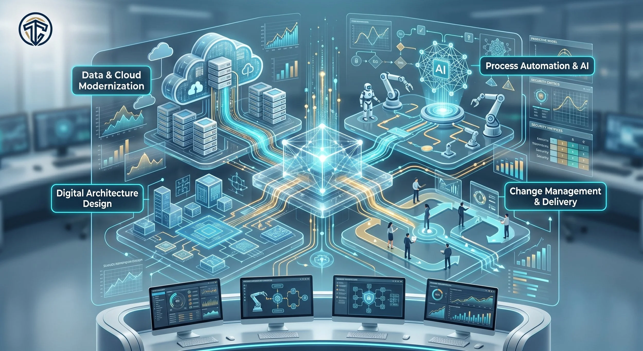 Digital illustration of a high-tech control room with various computer monitors and holographic displays showing data analytics, cloud storage, and artificial intelligence concepts, including process automation, data modernization, digital architecture design, and change management.