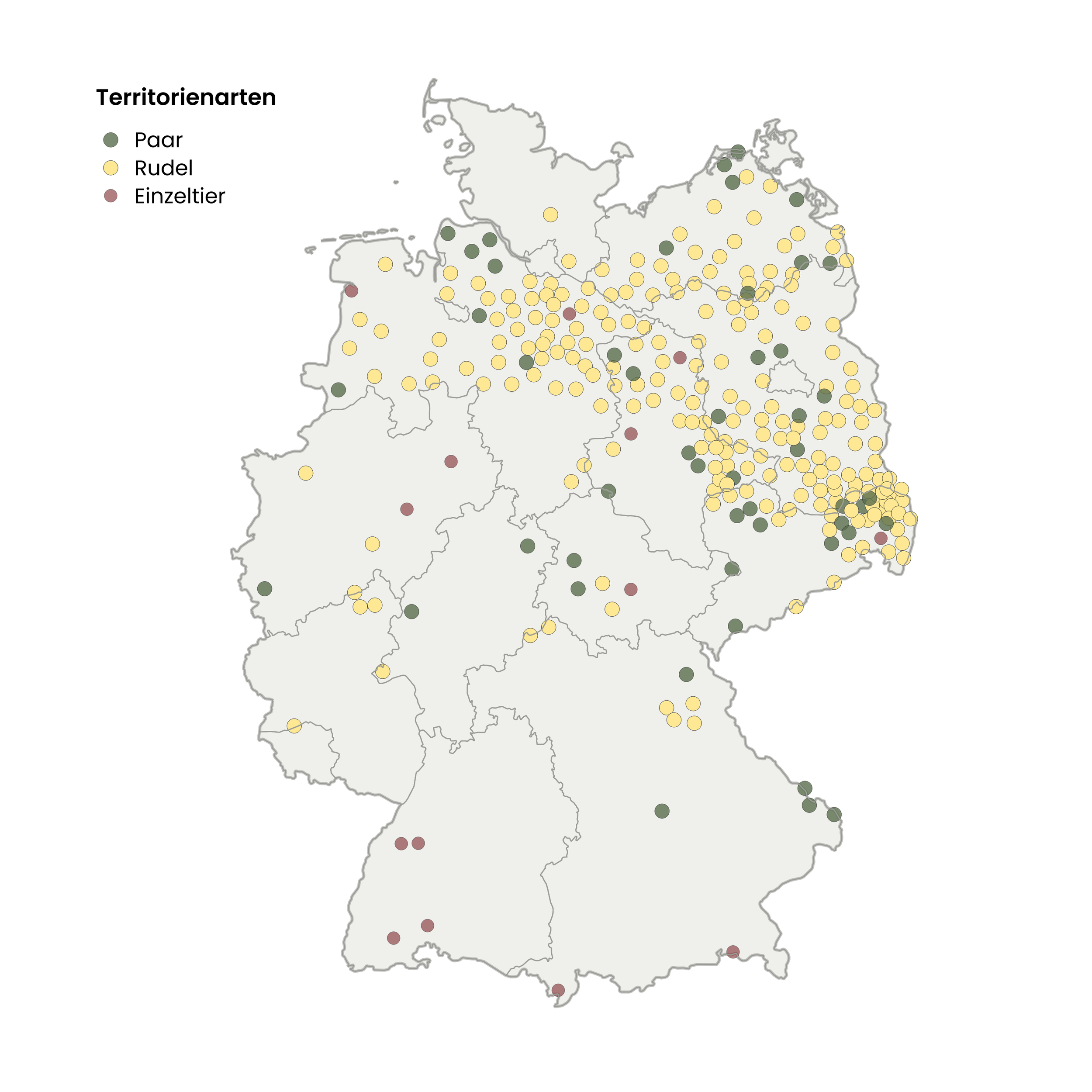 Eine Karte, die Territorien von Wölfen in Deutschland aufzeigt und nach Territorienart, also Rudel, Paar, Einzeltier, differenziert.