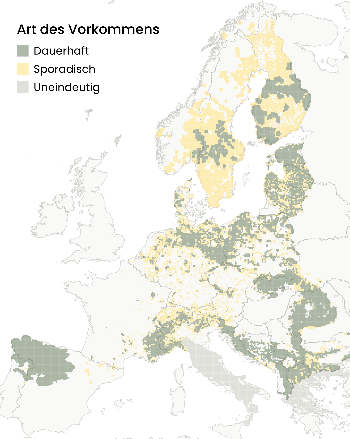 Eine Karte von Europa, in der Territorien von Wölfen markiert sind.