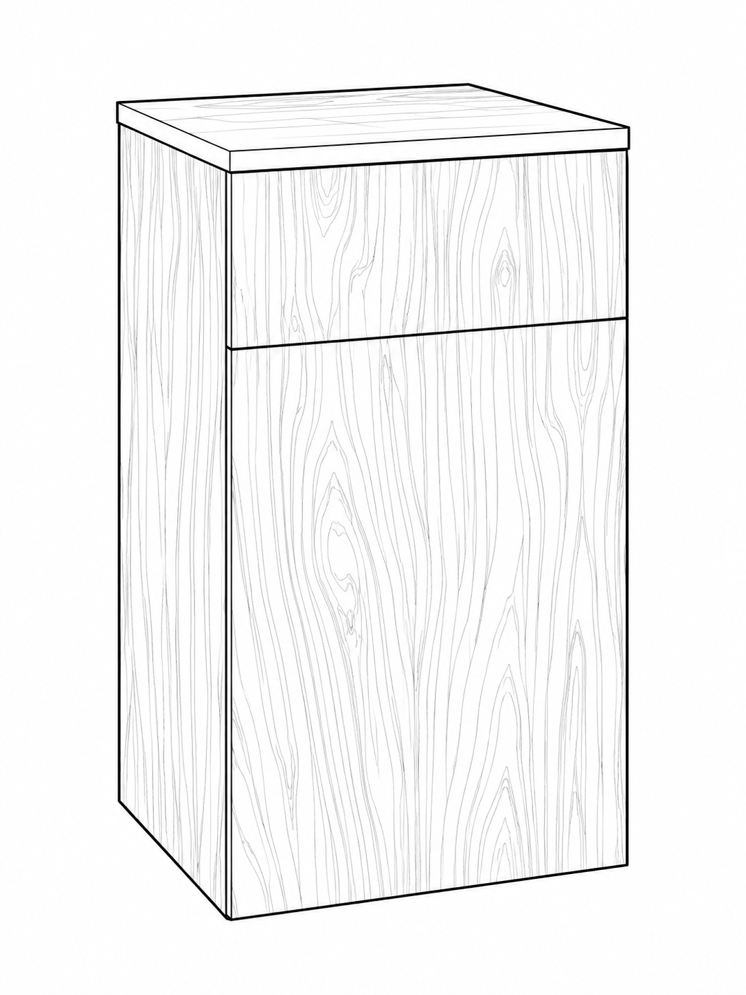 Outline drawing of a wooden two-drawer nightstand with a flat top surface.