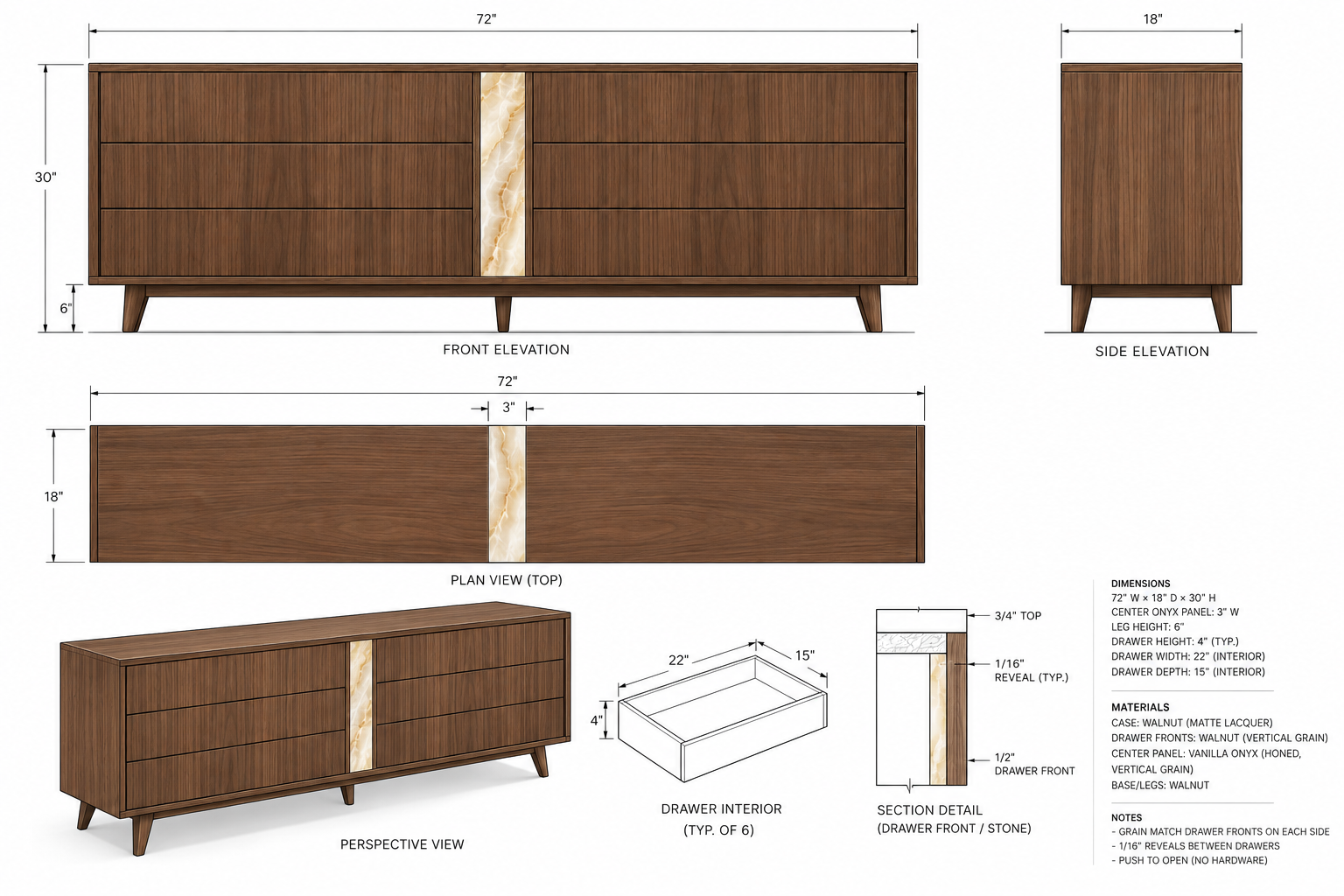 Design blueprint of a mid-century modern wooden sideboard with dimensions. The sideboard measures 72 inches wide, 18 inches deep, and 30 inches high, featuring six drawers with a central onyx panel. Includes front, side, top views, perspective, and detailed section drawings with materials and specifications.