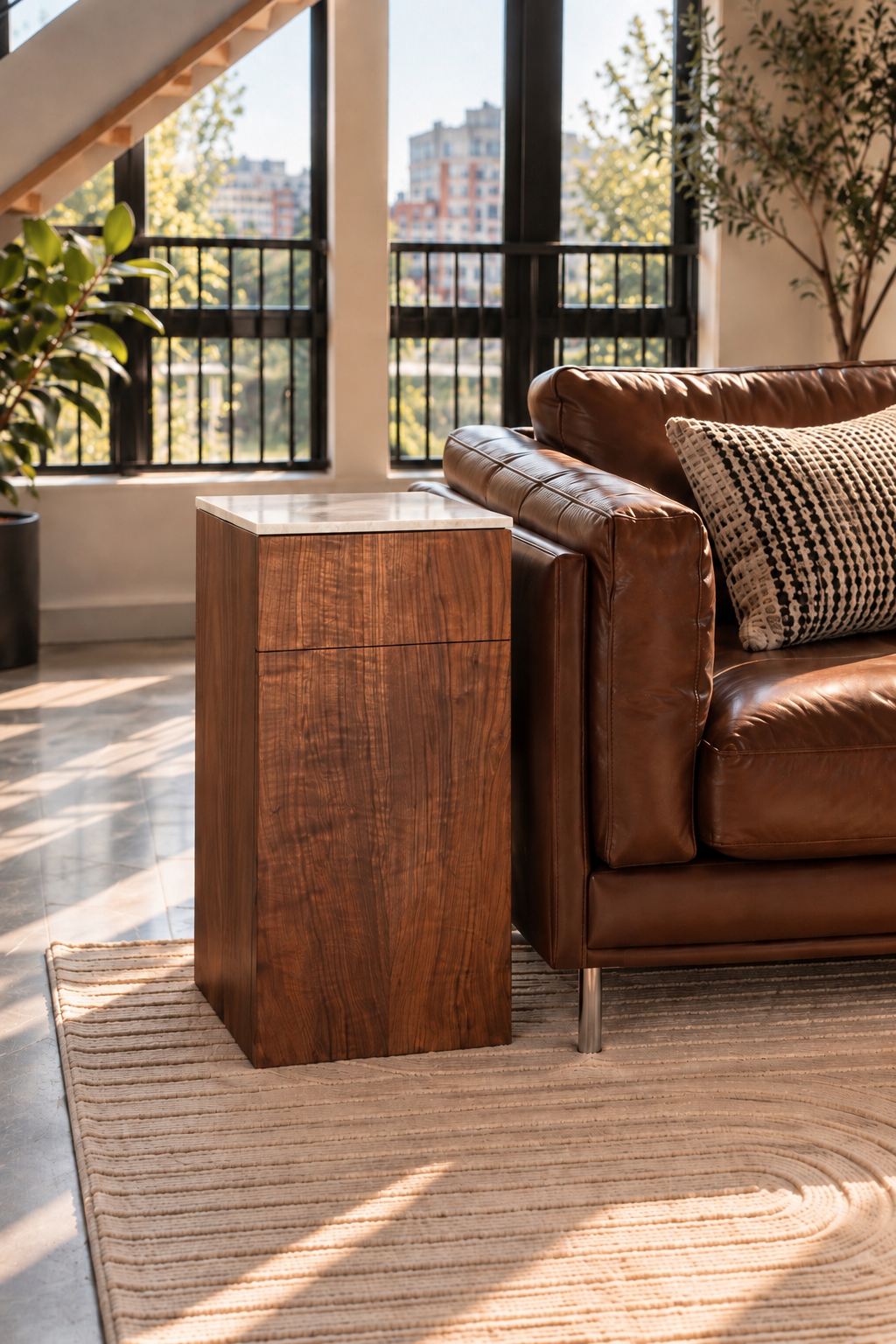 A living room with a brown leather sofa, a wooden side table, a patterned pillow, a beige rug, large windows, and indoor plants, with an urban view outside.