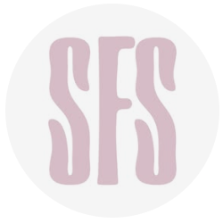 Stylized text reading 'SFS' in pink, wavy font on a white background.