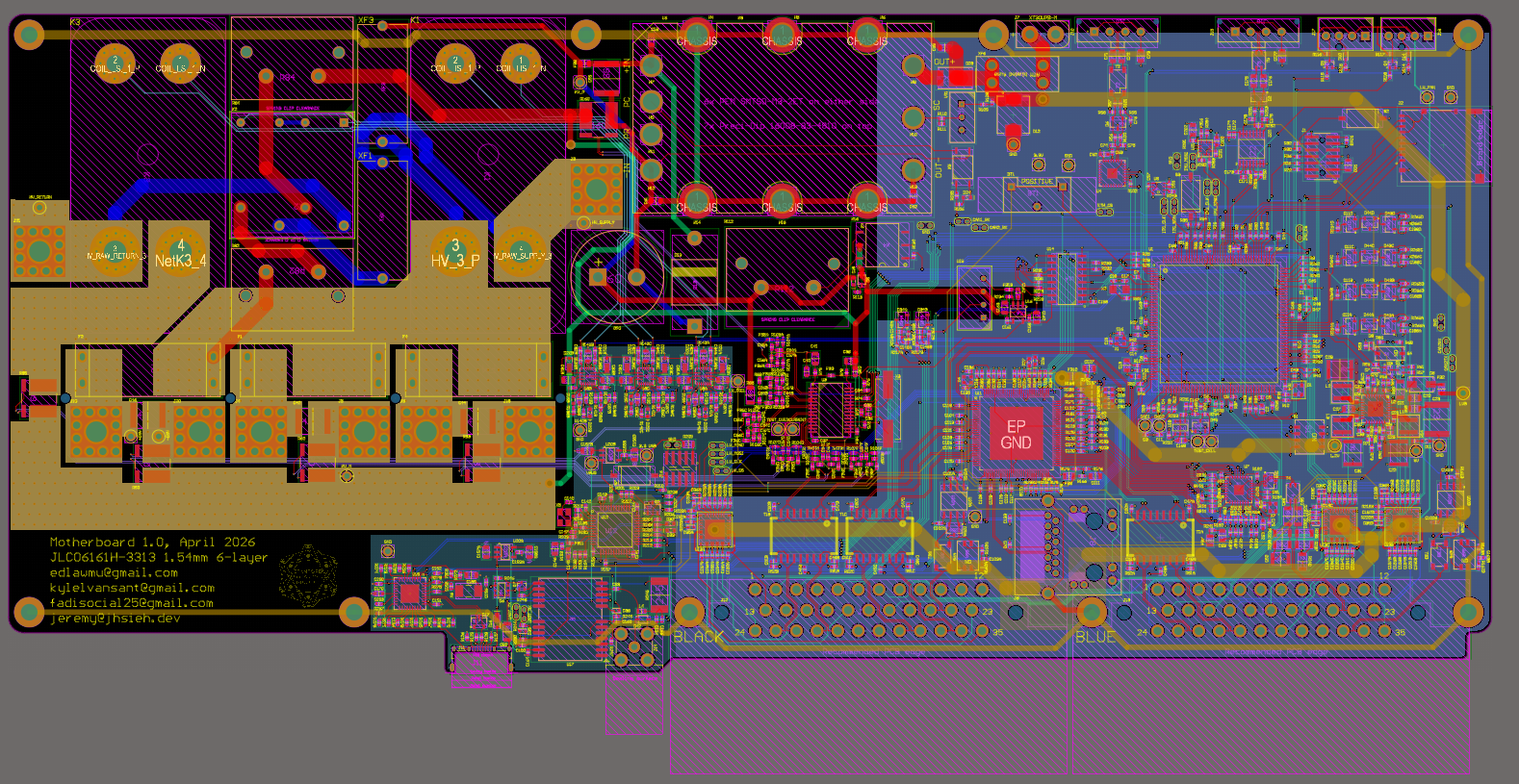 Detailed view of a printed circuit board (PCB) design with various electronic components, traces, and labels, including a central processing unit and power sections.