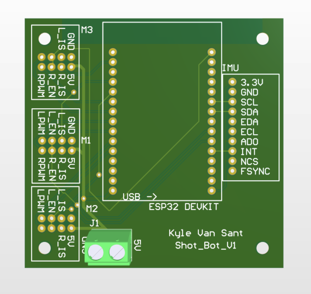 Green circuit board labeled 'Kyle Van Sant Shot_Bot_V1' with various pin headers, a USB port, and labeled component connections for an ESP32 development kit.