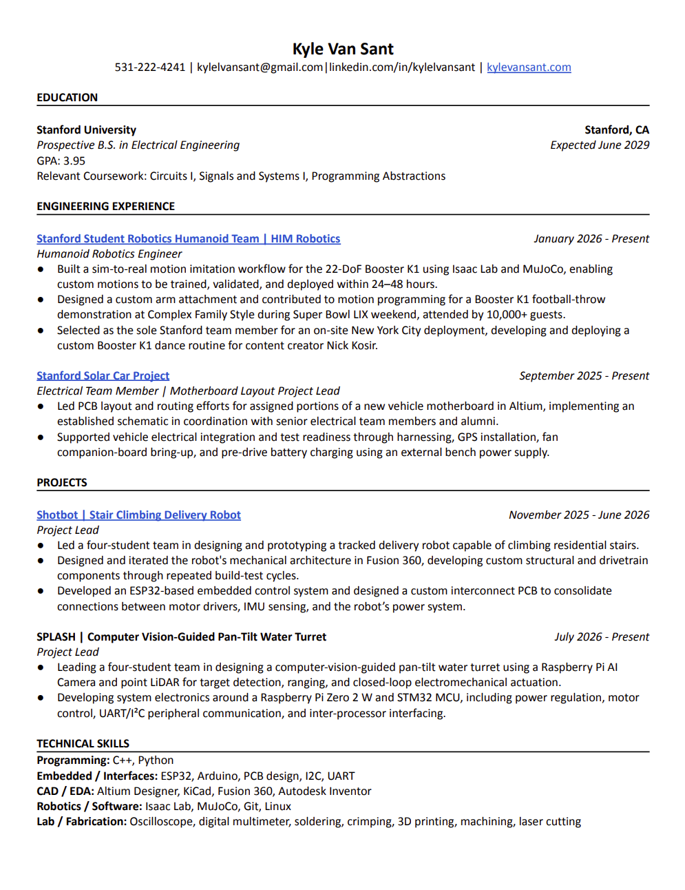 Resume for Kyle Van Sant listing education, engineering experience, projects, and skills.