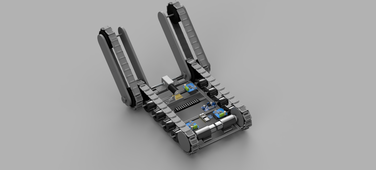 A robot with caterpillar tracks, electronic circuit boards, sensors, and wiring, designed for movement or exploration.