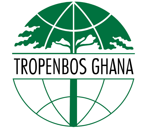 Logo for Tropenbos Ghana featuring a stylized green globe with trees and wavy lines inside, and the organization name in black text.