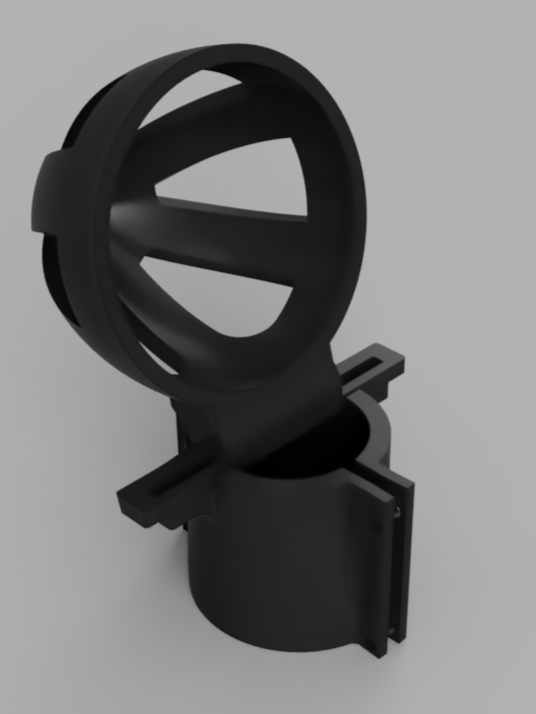 A black, 3D pipe fitting with a wheel valve and a mounting flange.
