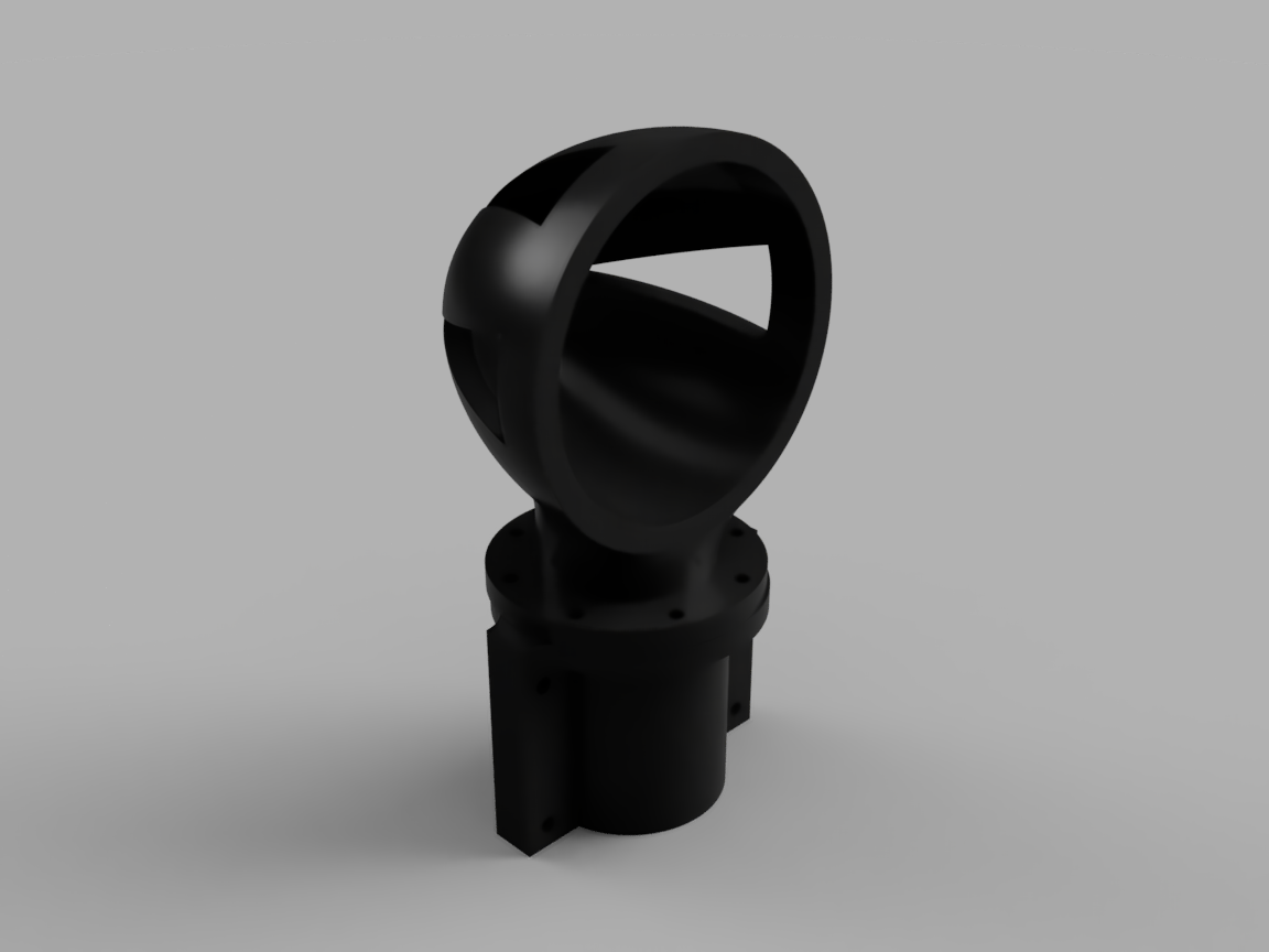 Black industrial-looking device or component with a circular opening and mounting base, appears to be a fan or blower housing.
