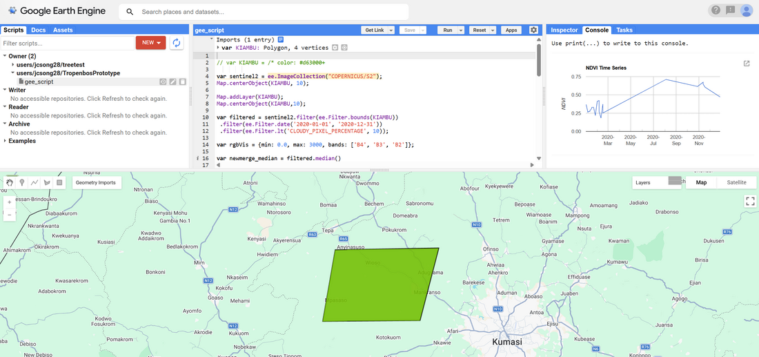 A digital map showing a green polygon near Kumasi, Ghana, with map controls and labels for nearby towns and roads.