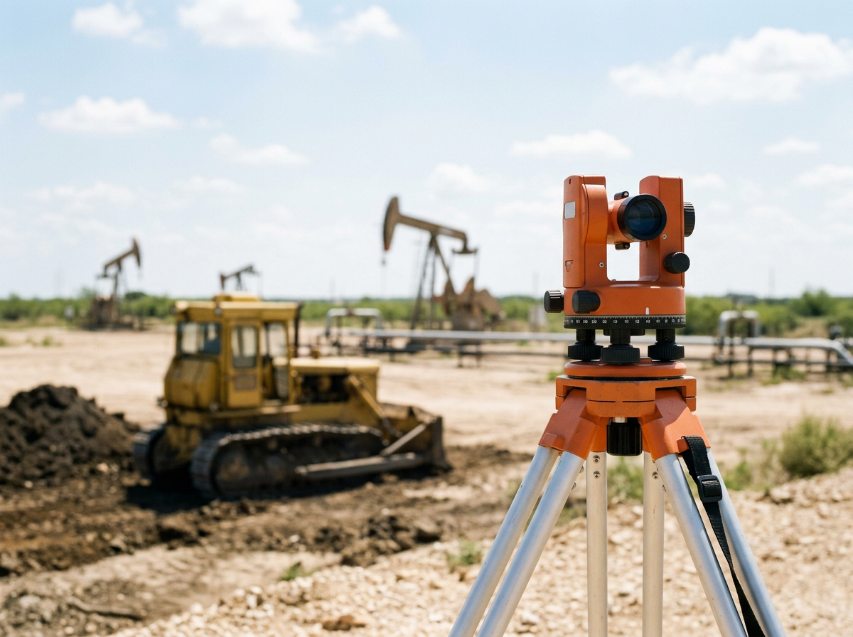 Surveyor equipment on a tripod with oil pump jack in a field under a partly cloudy sky.