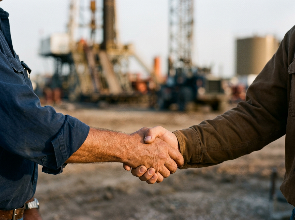 Close-up of two people shaking hands at a construction site, with industrial equipment in the background.