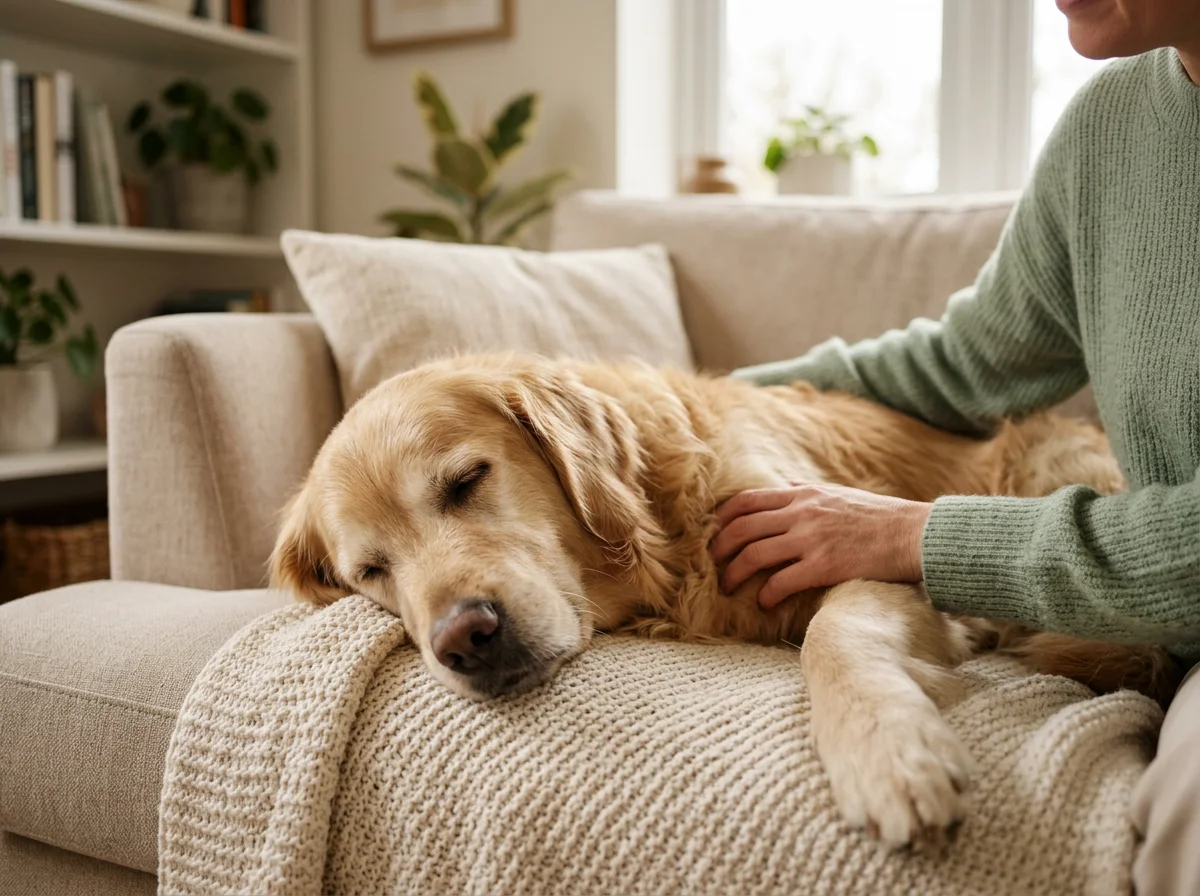 A golden retriever resting on a soft blanket at home while being gently comforted.