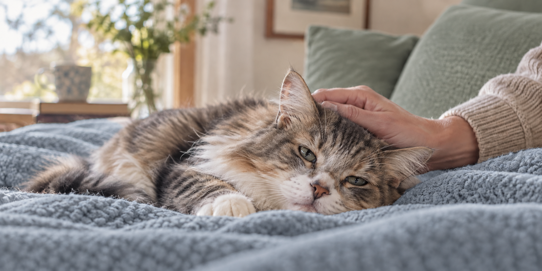 Senior tabby cat resting on a dusty blue blanket while being gently comforted at home.