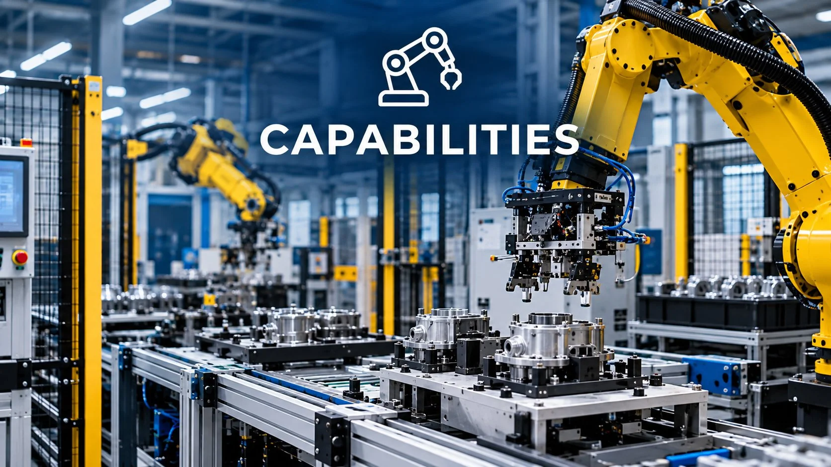 Industrial robotic arms assembling metal parts on production lines in a factory