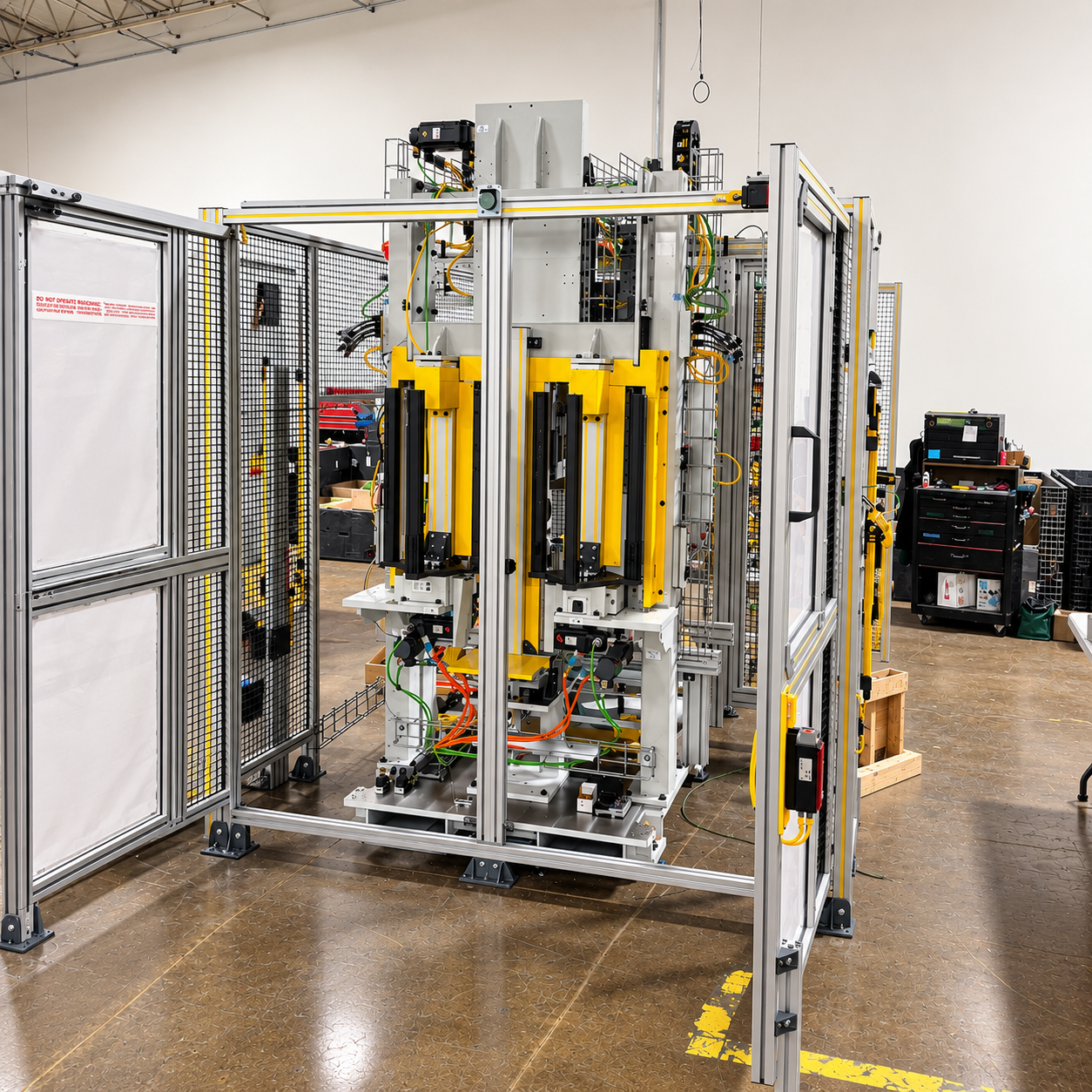 Industrial robotic assembly station with yellow and black components, enclosed by metal fencing, in a workshop.