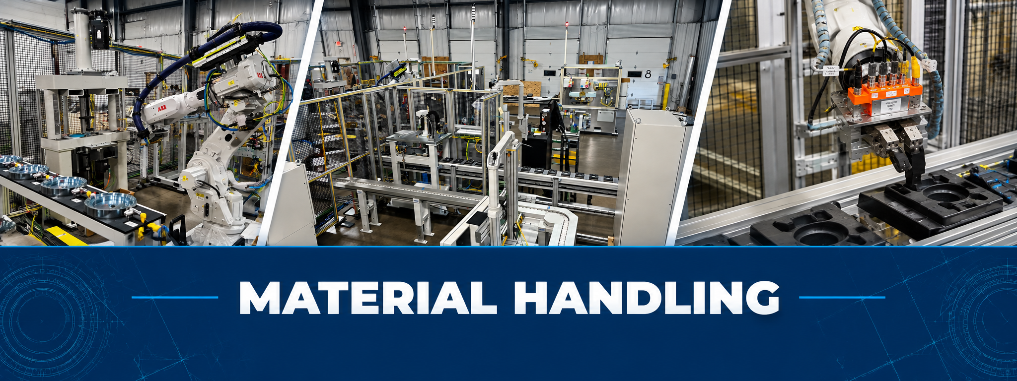 Industrial robotic arms and automated machinery in a manufacturing facility, with a blue banner at the bottom that reads 'Material Handling'.