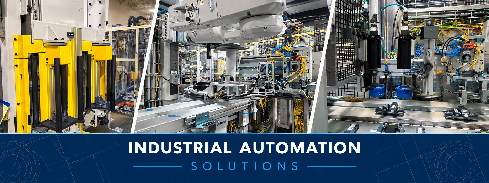 Collage of machinery in an industrial automation setting with a blue banner at the bottom that reads 'Industrial Automation Solutions'.