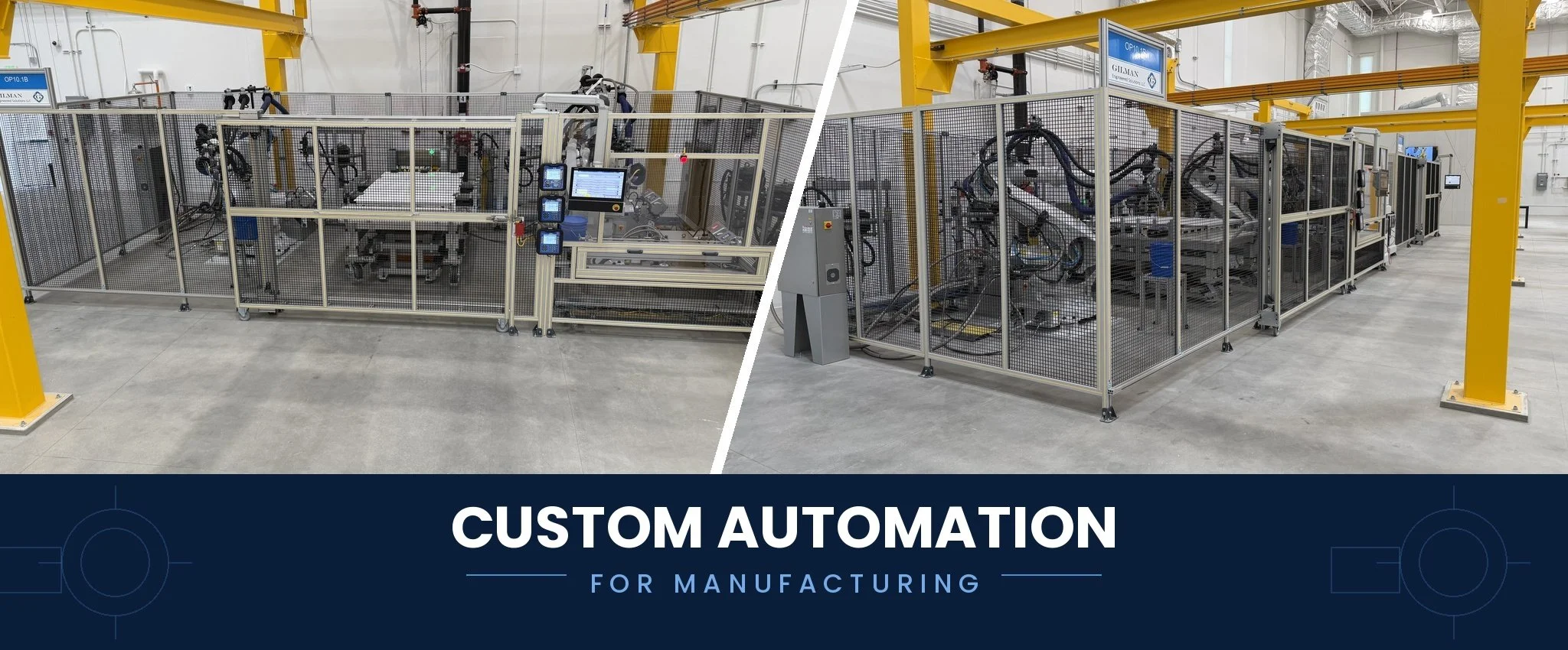 Two images of an industrial robot enclosed in a safety cage in a manufacturing facility. The robot is w robotic arms, and there are control screens and other equipment inside the cages. The setting appears to be a clean, modern factory with yellow structural beams and a concrete floor.