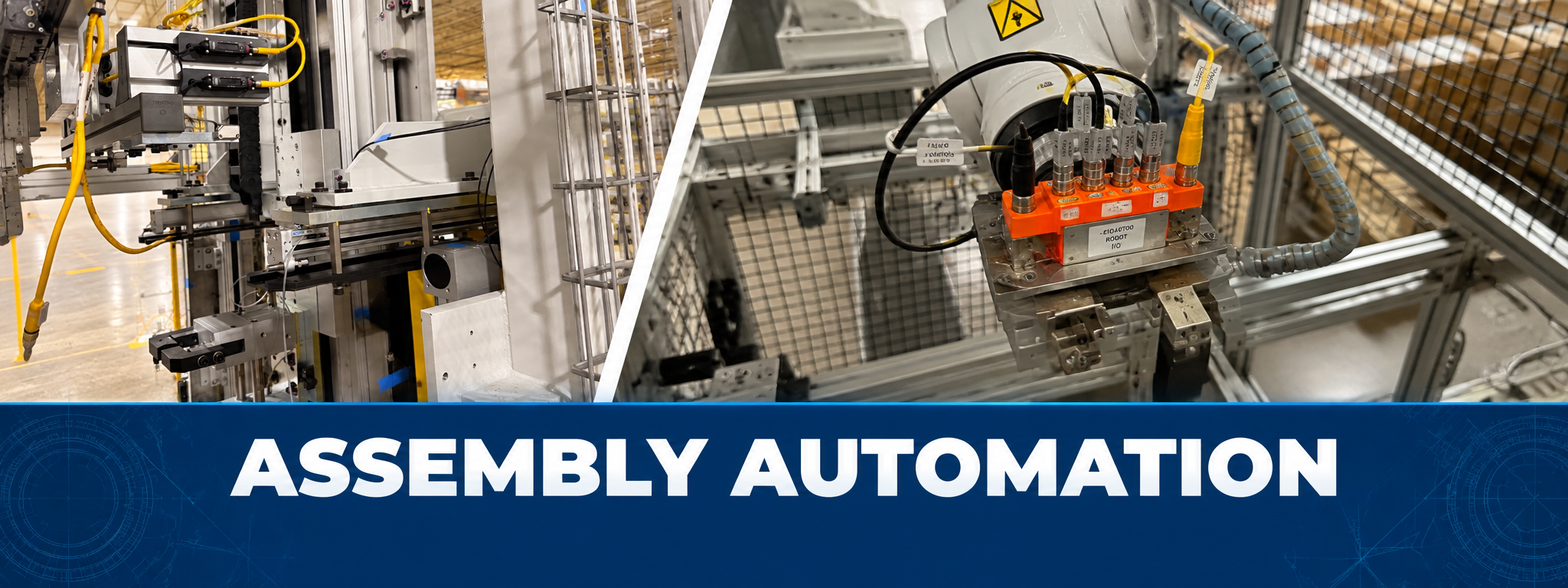 Close-up of industrial machinery for assembly automation involving metal components, cables, and electrical connections in a factory setting.