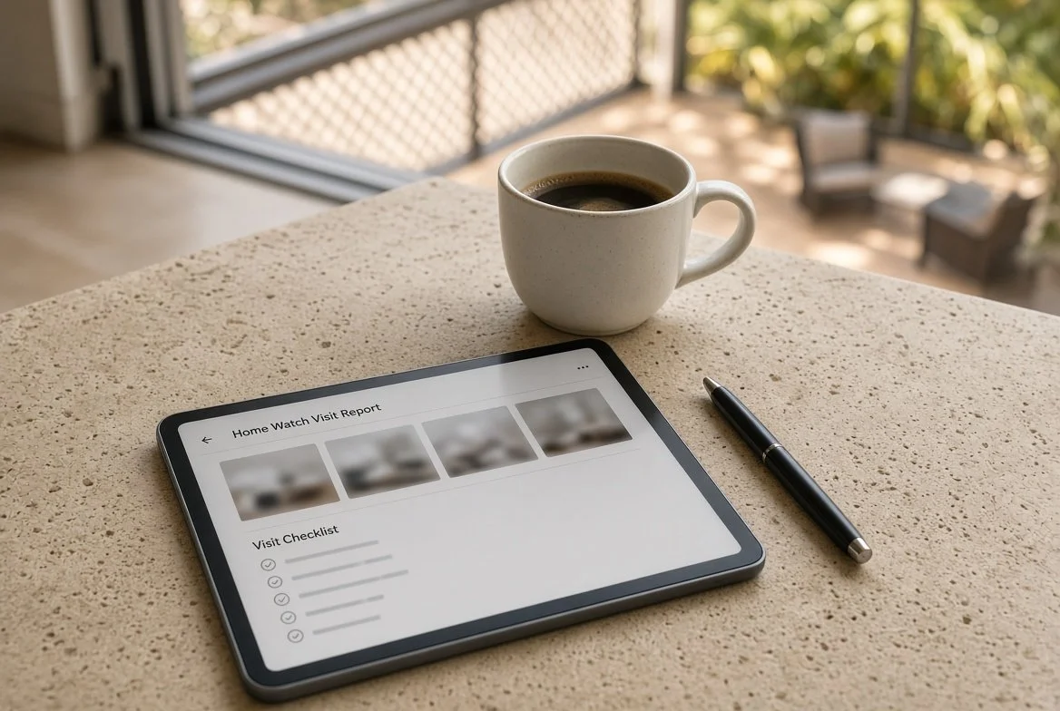 A tablet showing a home watch visit report with a checklist, a black pen, a white mug of coffee, on a beige countertop near a window with a balcony and outdoor seating in the background.