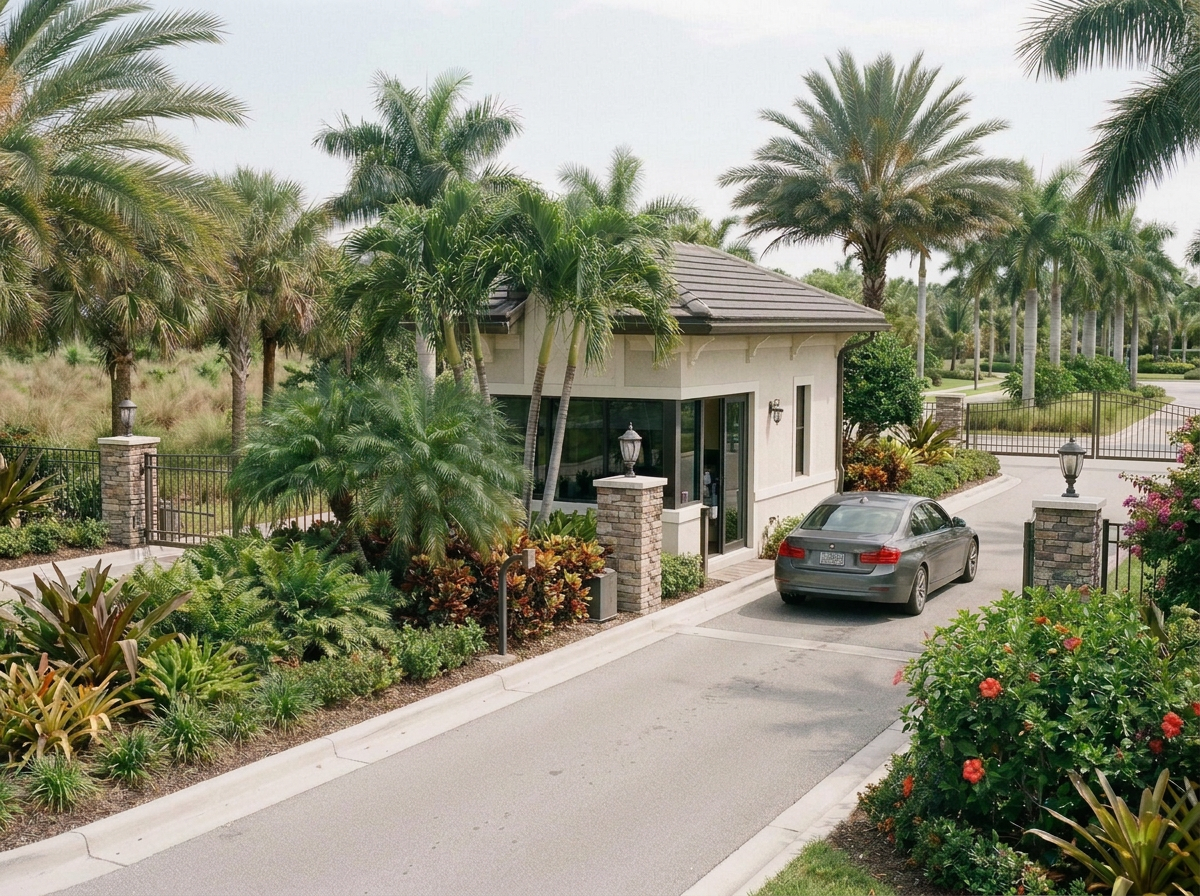 A gated entrance with lush tropical plants and trees surrounding a small building, with a gray car parked nearby.