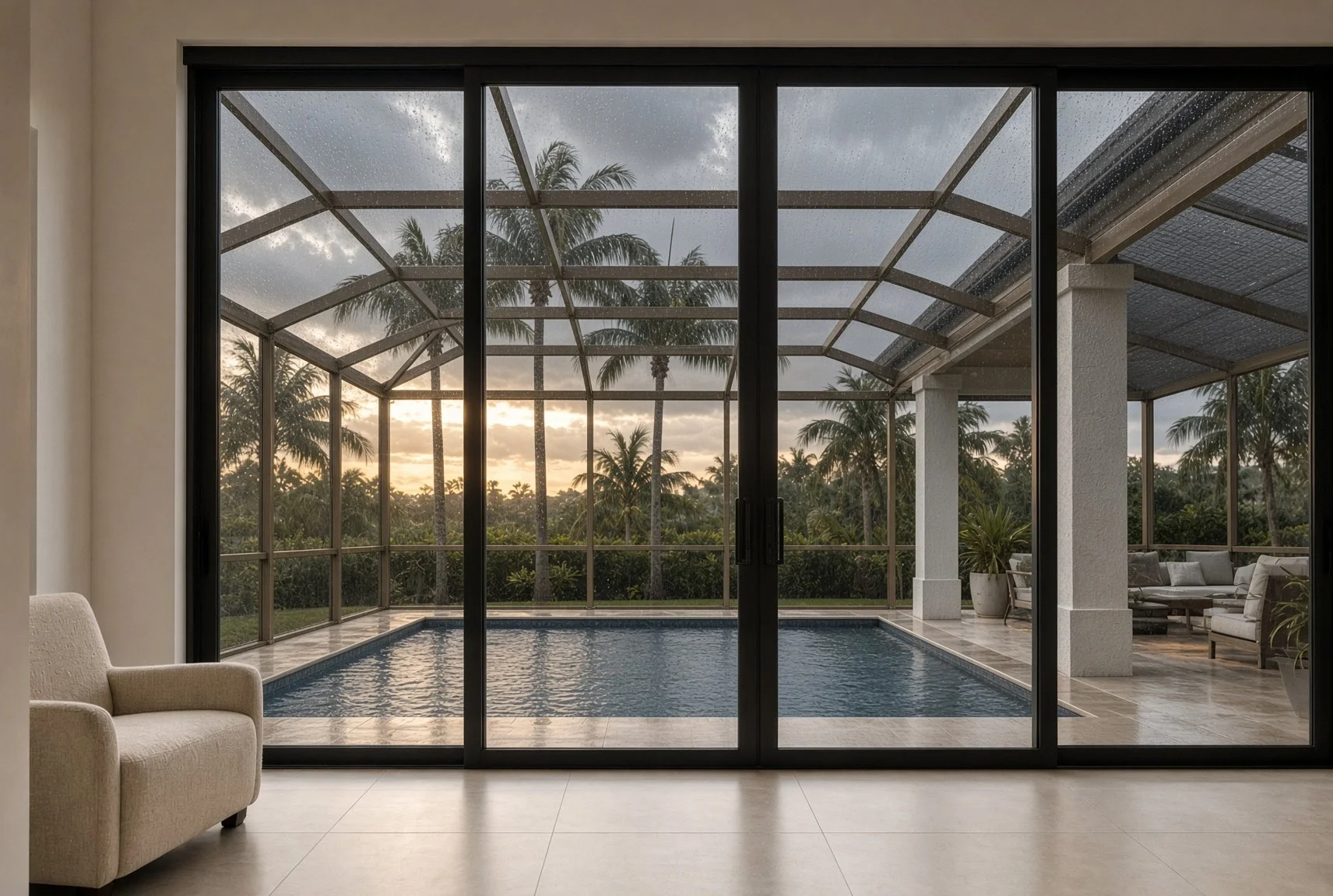 Gated-community home lanai in Bonita Springs after rain