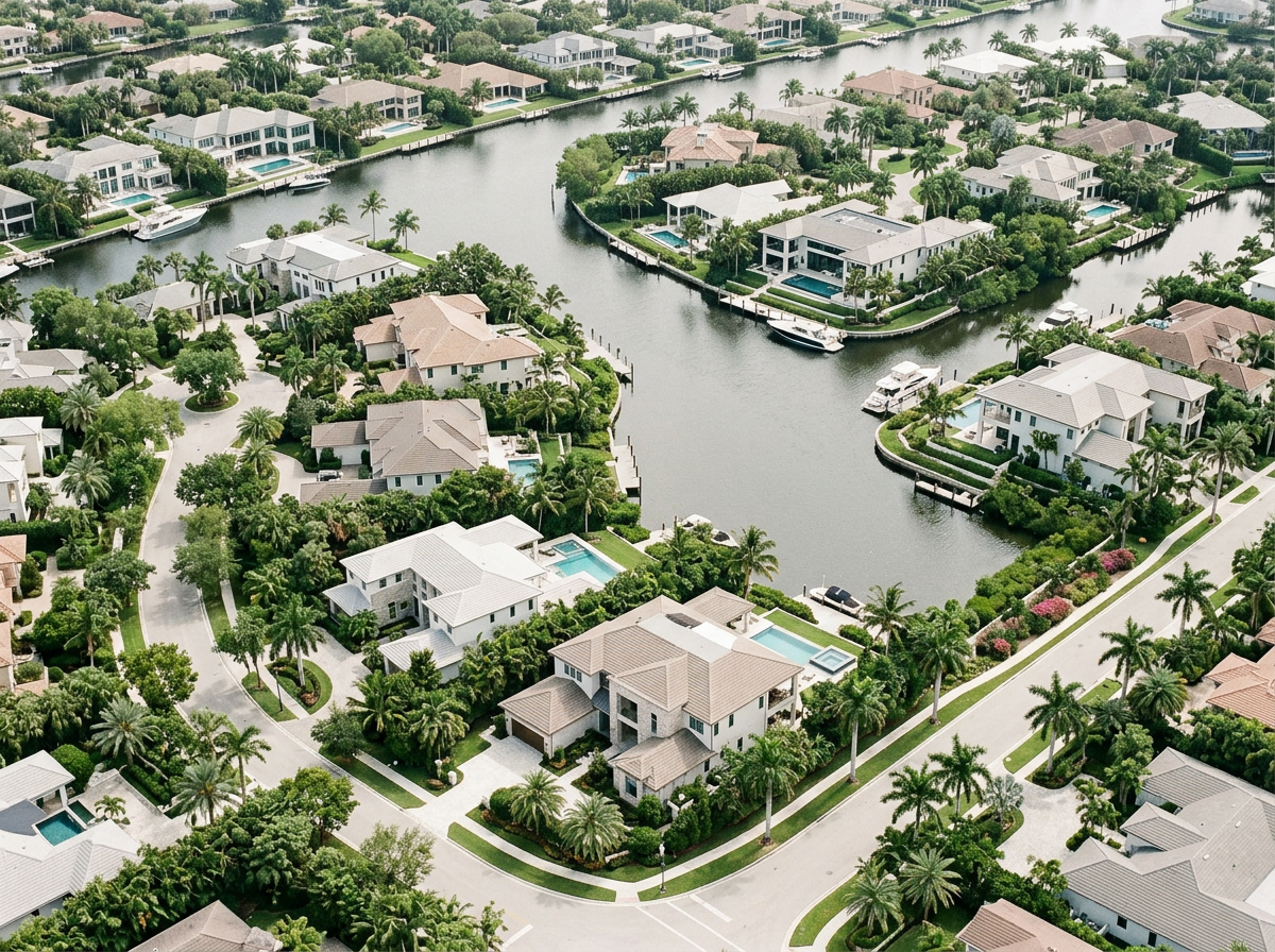 Aerial view of a residential neighborhood with houses along water canals, many with pools and lush green landscaping.