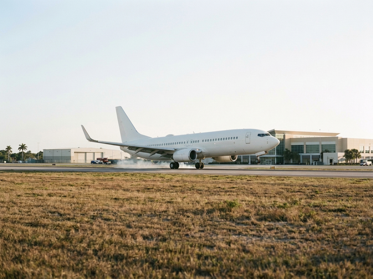 A white commercial airplane on the runway at Fort Myers airport, with buildings and palm trees in the background, during daylight.