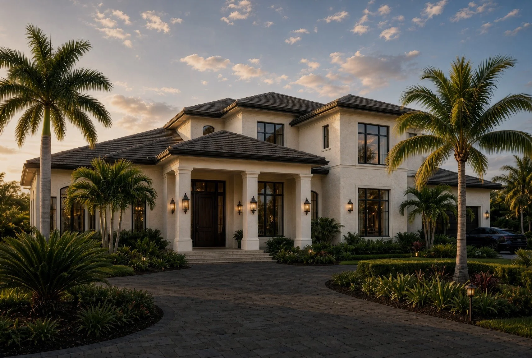 A large, luxurious white house with a dark shingle roof, surrounded by palm trees, with front steps and exterior lighting, at sunset.