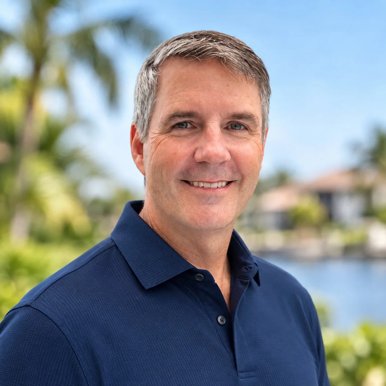 A middle-aged man with gray hair and blue eyes smiling outdoors, wearing a navy blue polo shirt. The background features blurred greenery, palm trees, and a water body under a clear sky.