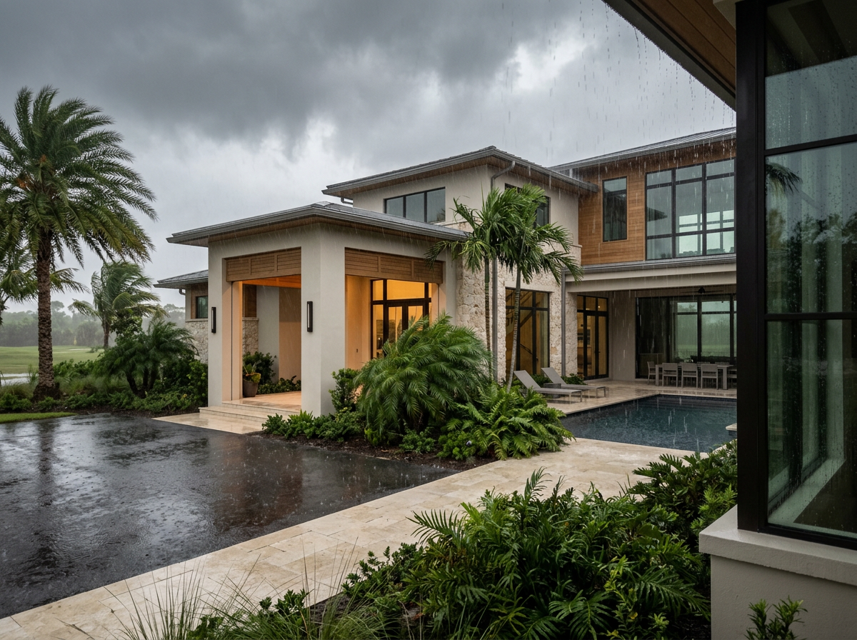 Modern house with large glass windows, surrounded by tropical plants and palm trees, with a pool and cloudy, rainy sky in the background.