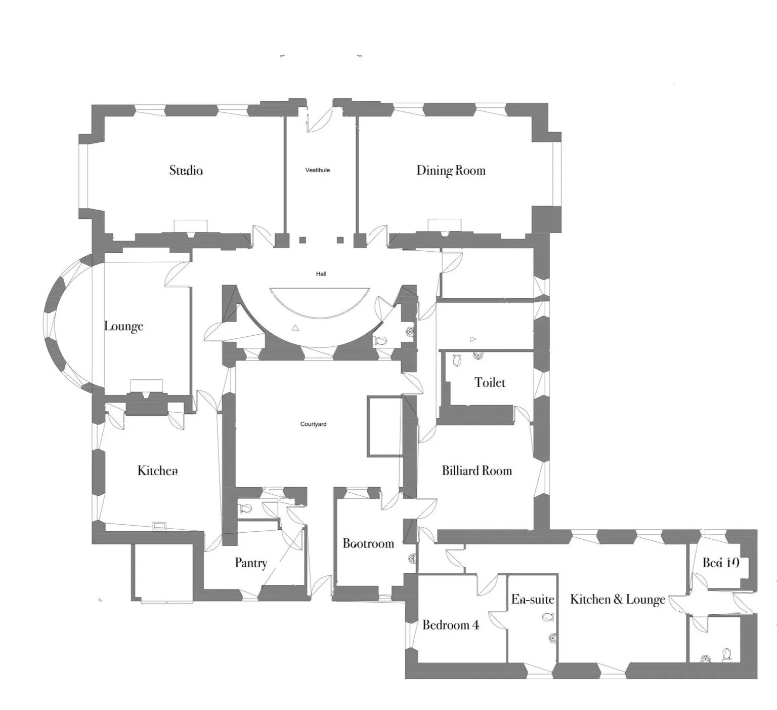 Floor plan of a house featuring rooms such as a lounge, kitchen, pantry, bootroom, bedroom, en-suite, kitchen and lounge, bed 10, bed 4, billiard room, toilet, hallway, courtyard, vestibule, dining room, and studio.