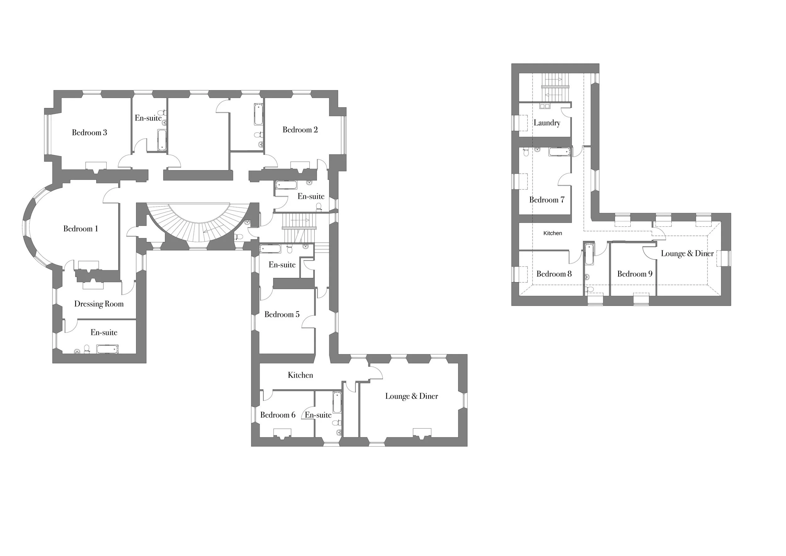 Floor plans of a house showing multiple bedrooms, bathrooms, kitchens, lounge and dining areas, laundry room, dressing room, and en-suite bathrooms.