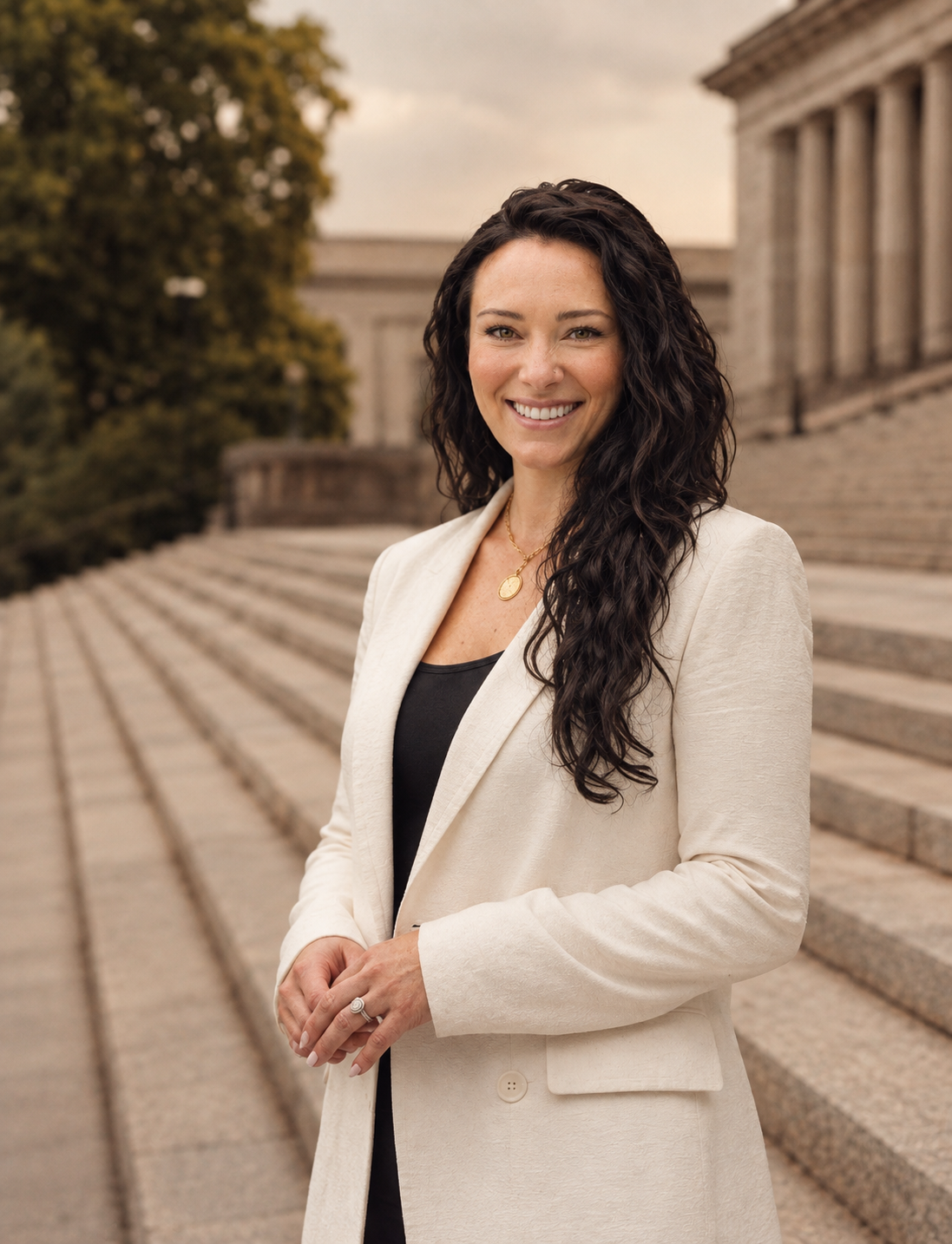 A woman with long, curly dark hair smiling outdoors near stone steps and columns.