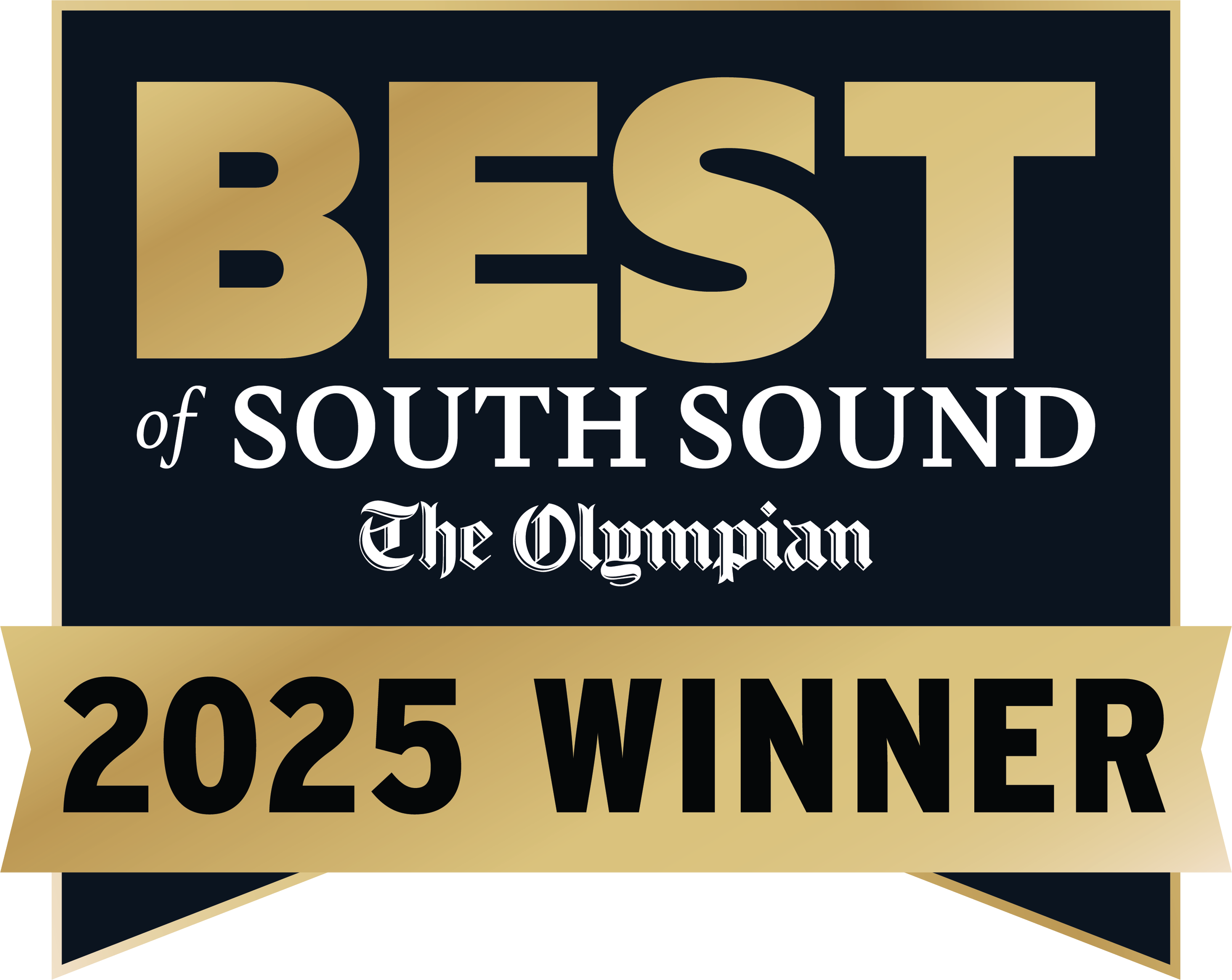 The image displays a badge or award with gold and black colors announcing the winner of the 2025 Best of South Sound for Best Real Estate Agent, organized by The Olympian.