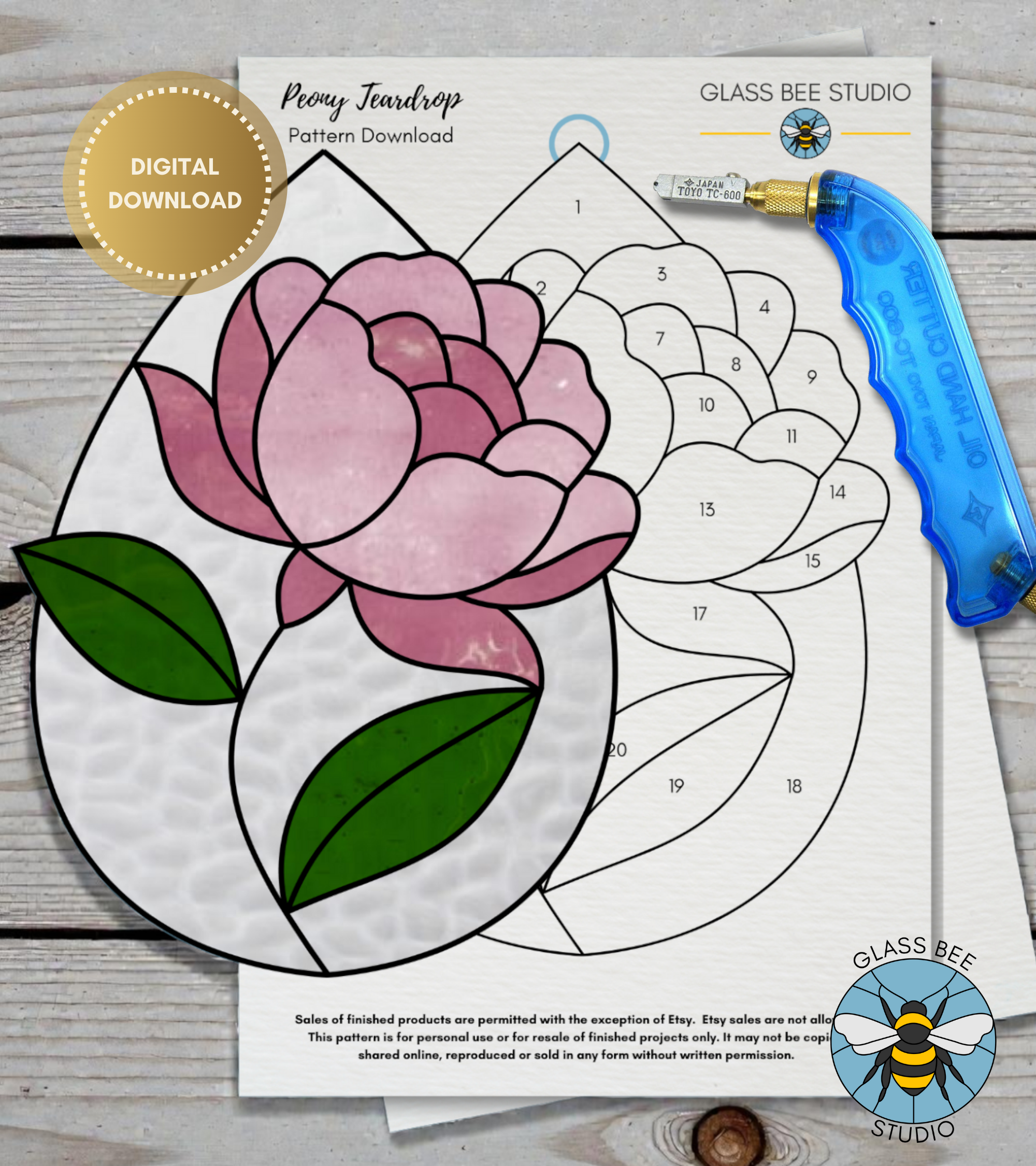 Peony Teardrop Digital Stained Glass Pattern