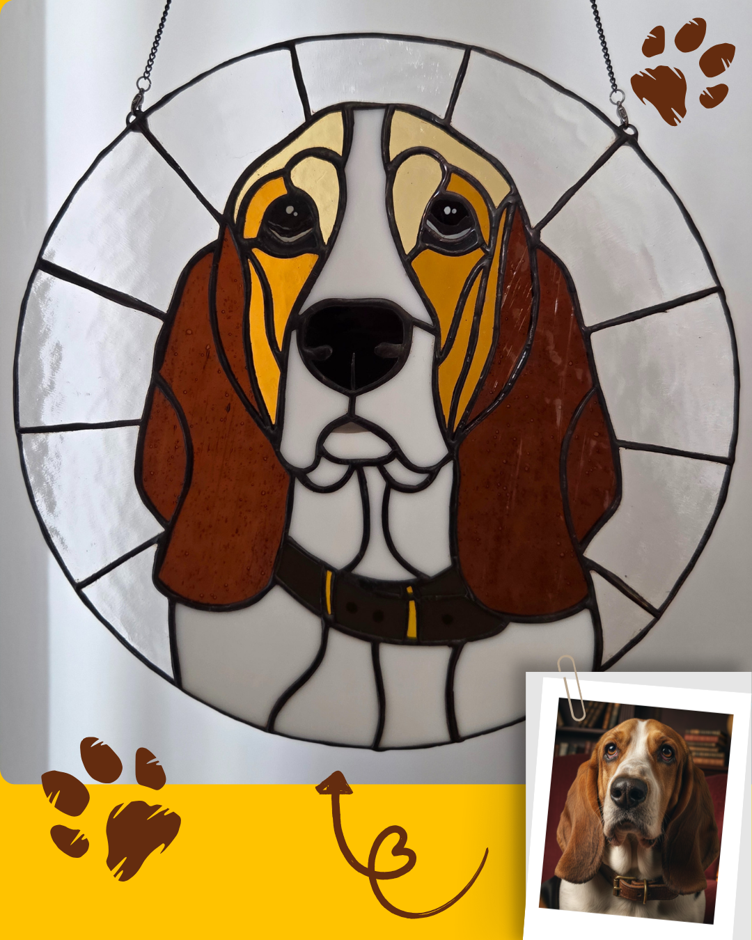 Stained glass artwork of a beagle dog's face with brown, black, white, and tan colors, surrounded by a circular frame.