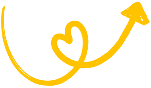 A yellow line drawing of a arrow with a heart at the center.