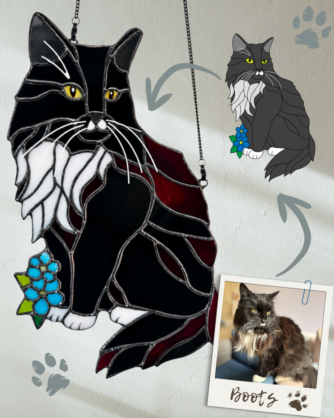 A stained glass ornament of a black and white cat with yellow eyes, decorated with a small bouquet of blue flowers. A digital illustration of a similar gray and white long-haired cat with yellow eyes, sitting with a blue flower, is attached with a pa