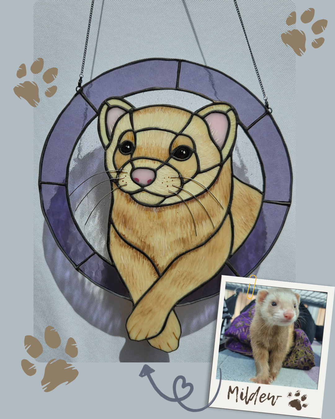 Cream and tan ferret stained glass portrait in a purple circular frame, shown with a small reference photograph.