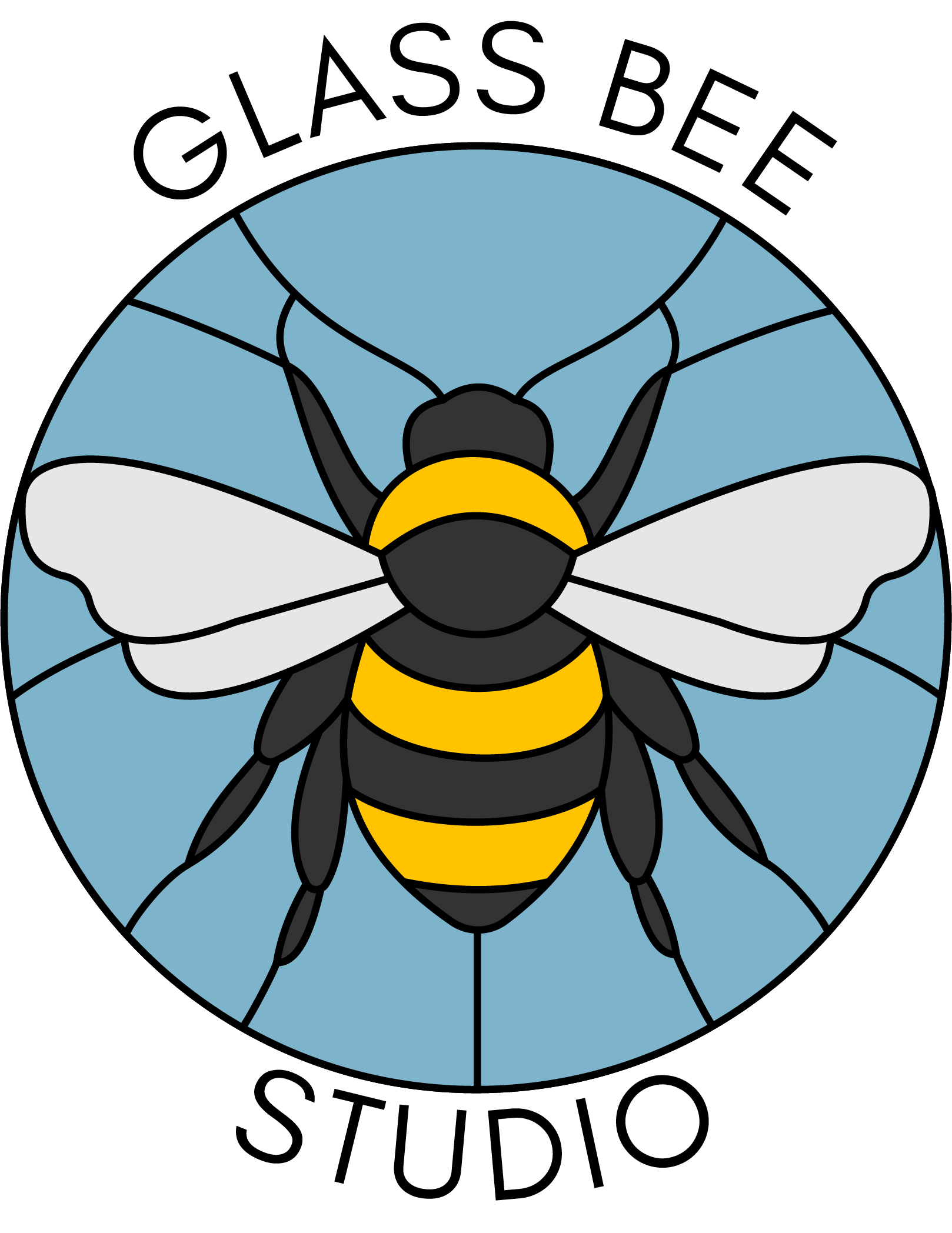 Glass Bee Studio Logo with a yellow and black bee with blue background